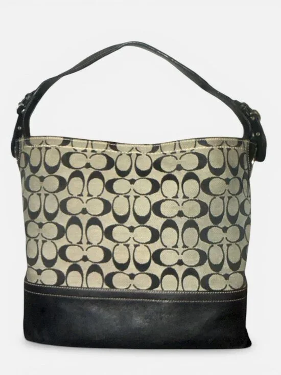 Coach Signature Bucket Tote F12518 Black Canvas Leather Shoulder Bag Carryall - Picture 5 of 10